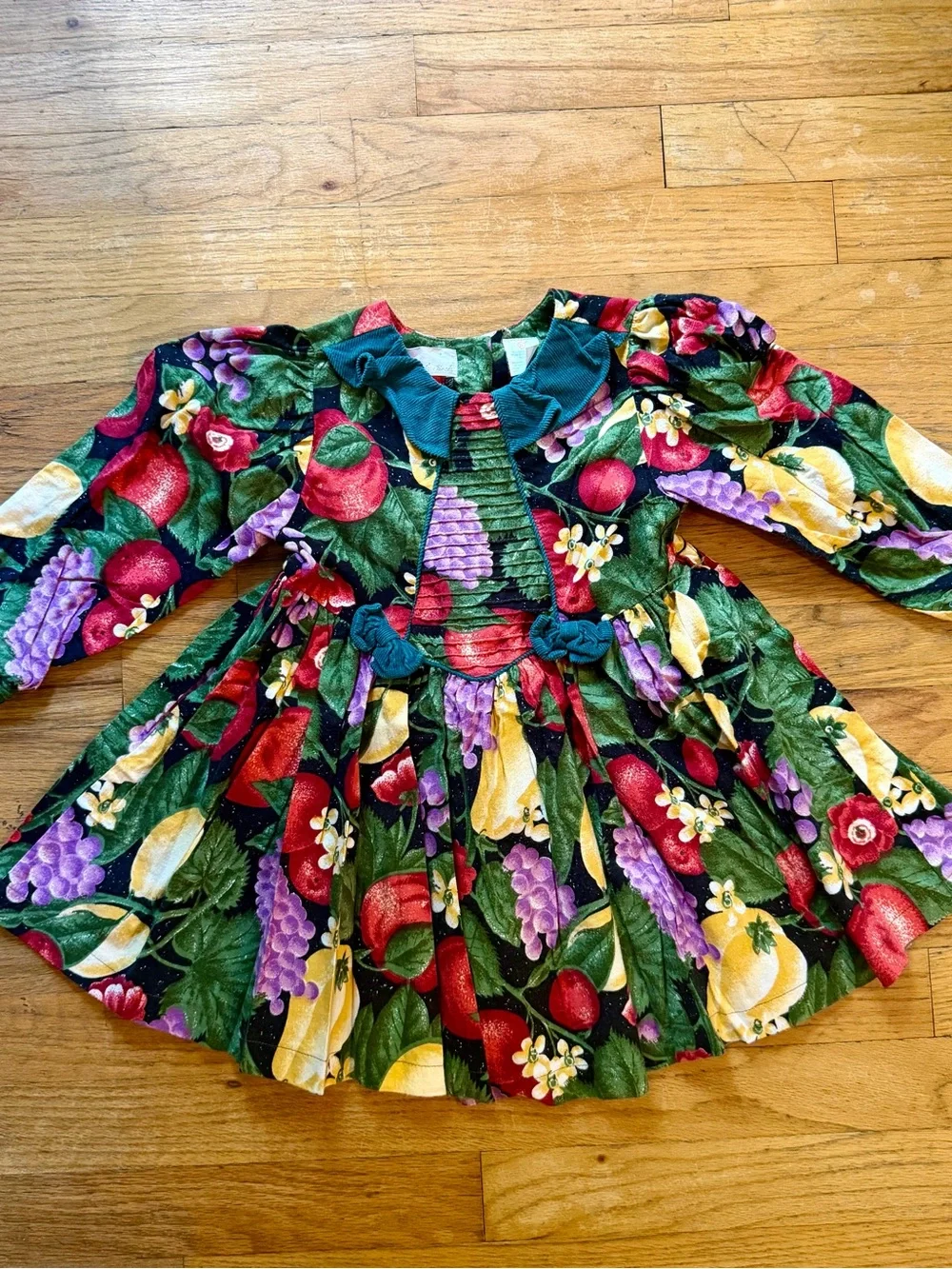 Vintage Rachel’s Kids Multicolor Fruit-Print Dress with Green Collar